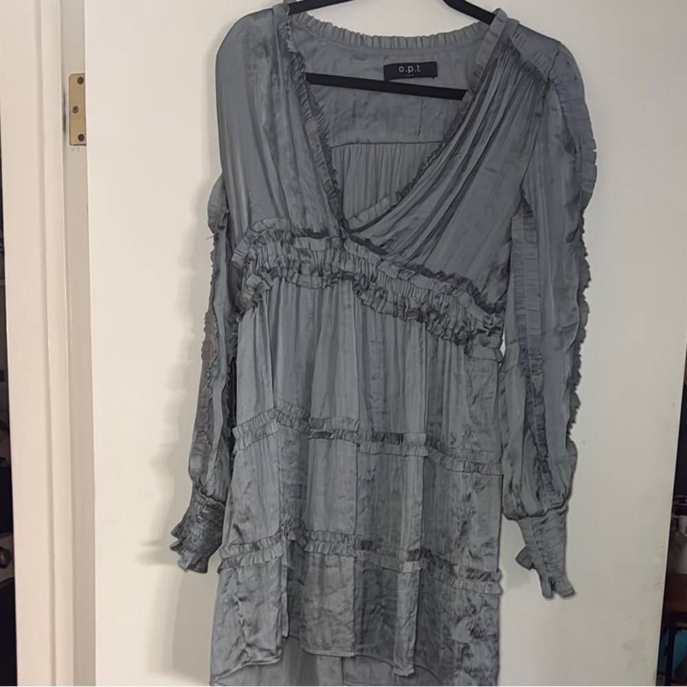 O.P.T Teal grey Babydoll Dress with Bishop Sleeves